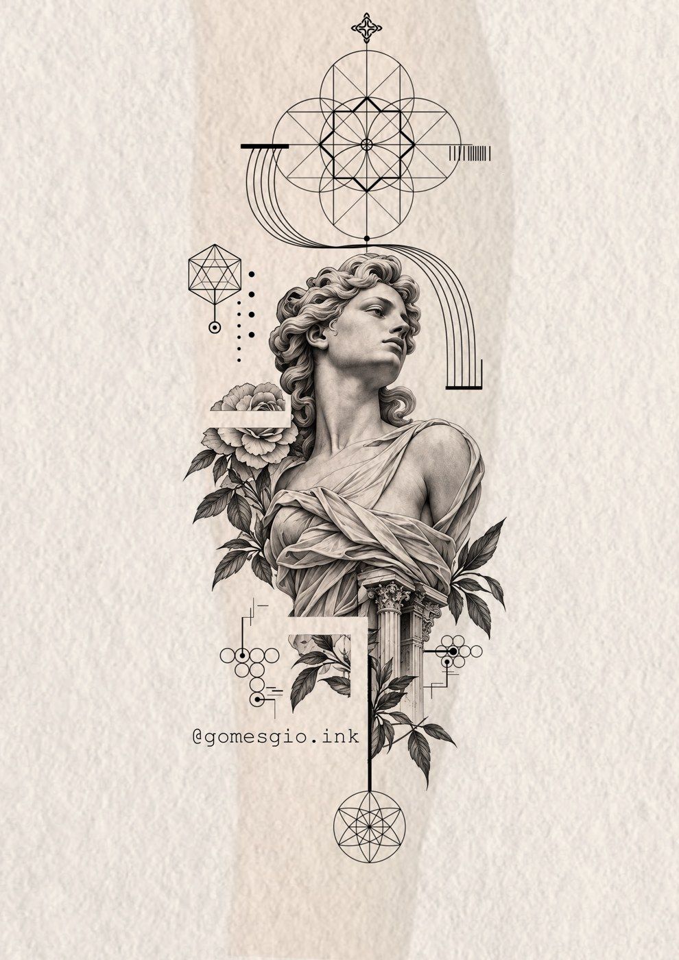Busto clássico com flores e coluna