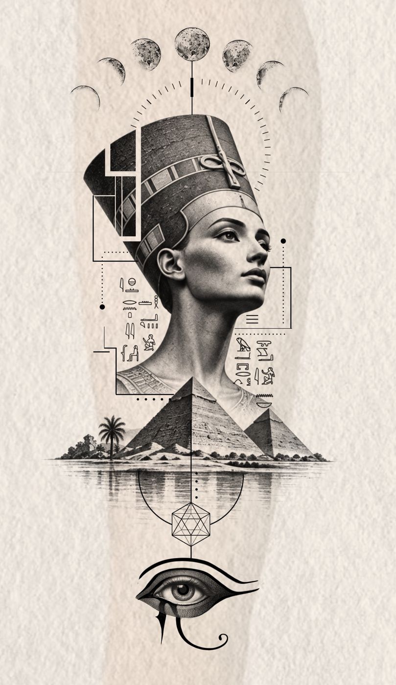 Nefertiti com pirâmides, fases da lua e olho de Hórus