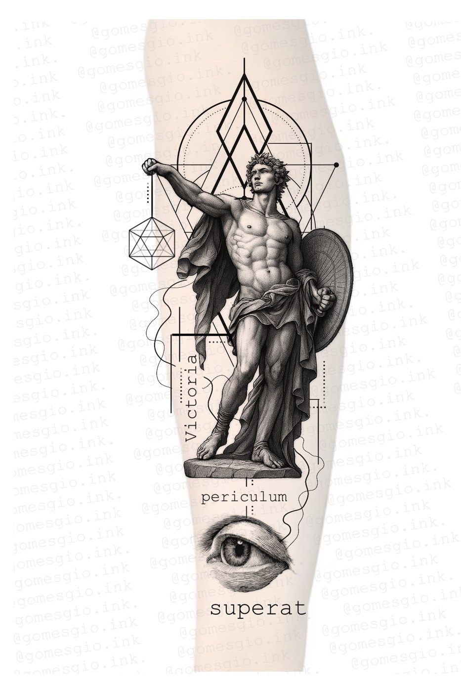 Guerreiro com escudo, olho e lettering em latim