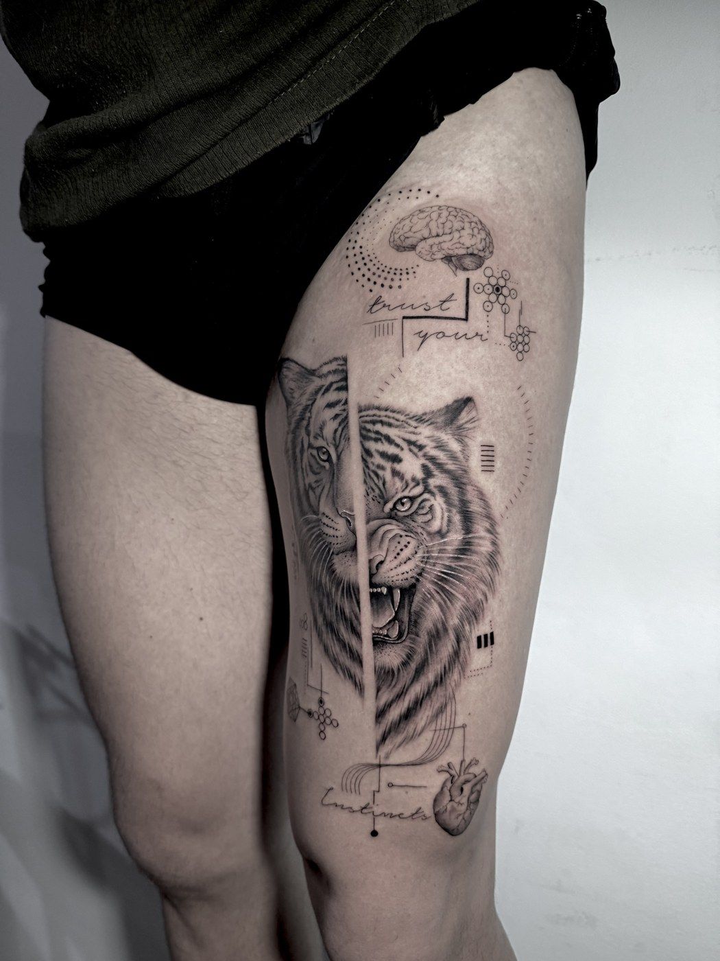 Coxa completa com tigre, cérebro, coração e lettering